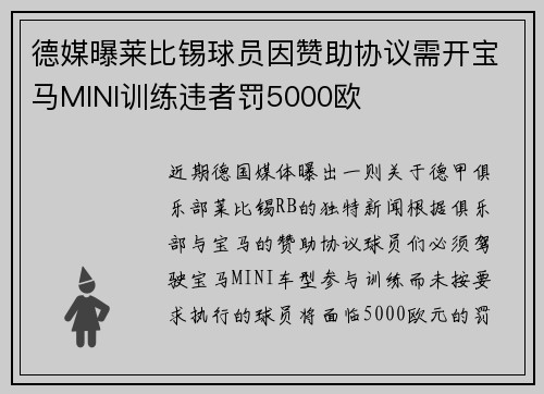 德媒曝莱比锡球员因赞助协议需开宝马MINI训练违者罚5000欧