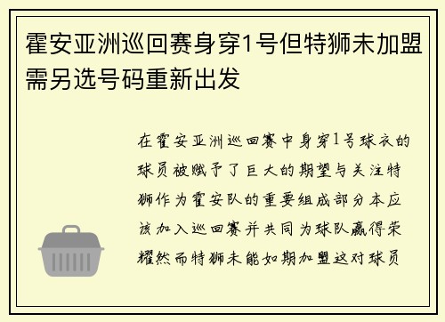 霍安亚洲巡回赛身穿1号但特狮未加盟需另选号码重新出发