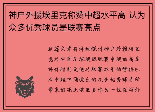 神户外援埃里克称赞中超水平高 认为众多优秀球员是联赛亮点